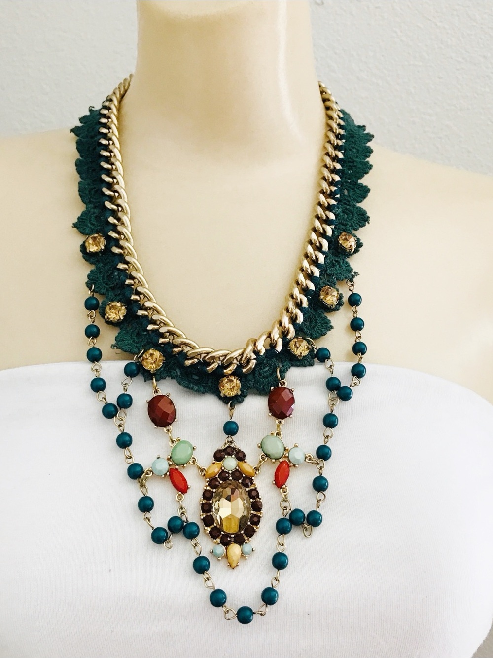 Statement Bib Necklace Gold Chain Green Crochet Teal Coral Crystal Bead Fairy
